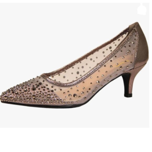 XYD Brown Pointed Toe Slip On Mesh Pumps Rhinestone Studs Kitten Heels Shoe - Picture 1 of 8